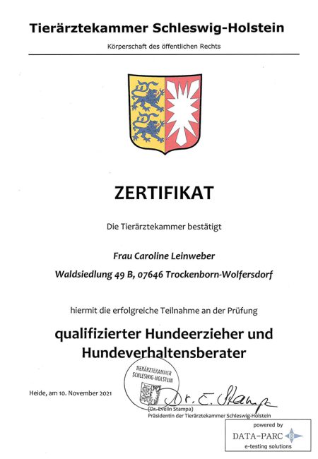 Zertifikat Tierärztekammer SH Kopie ertifikat Tierärztekammer SH